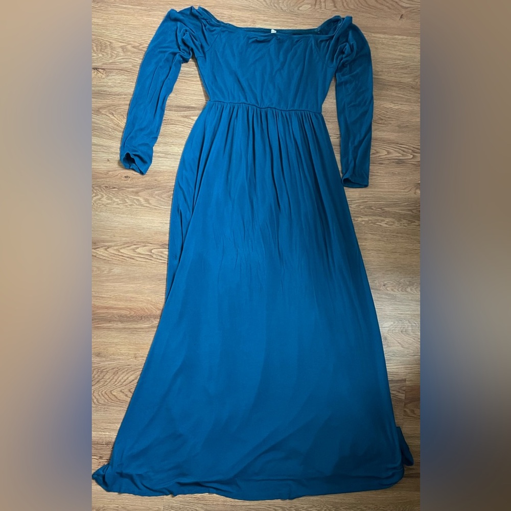 PinkBlush Dark Teal Solid Off Shoulder Maternity Maxi Dress